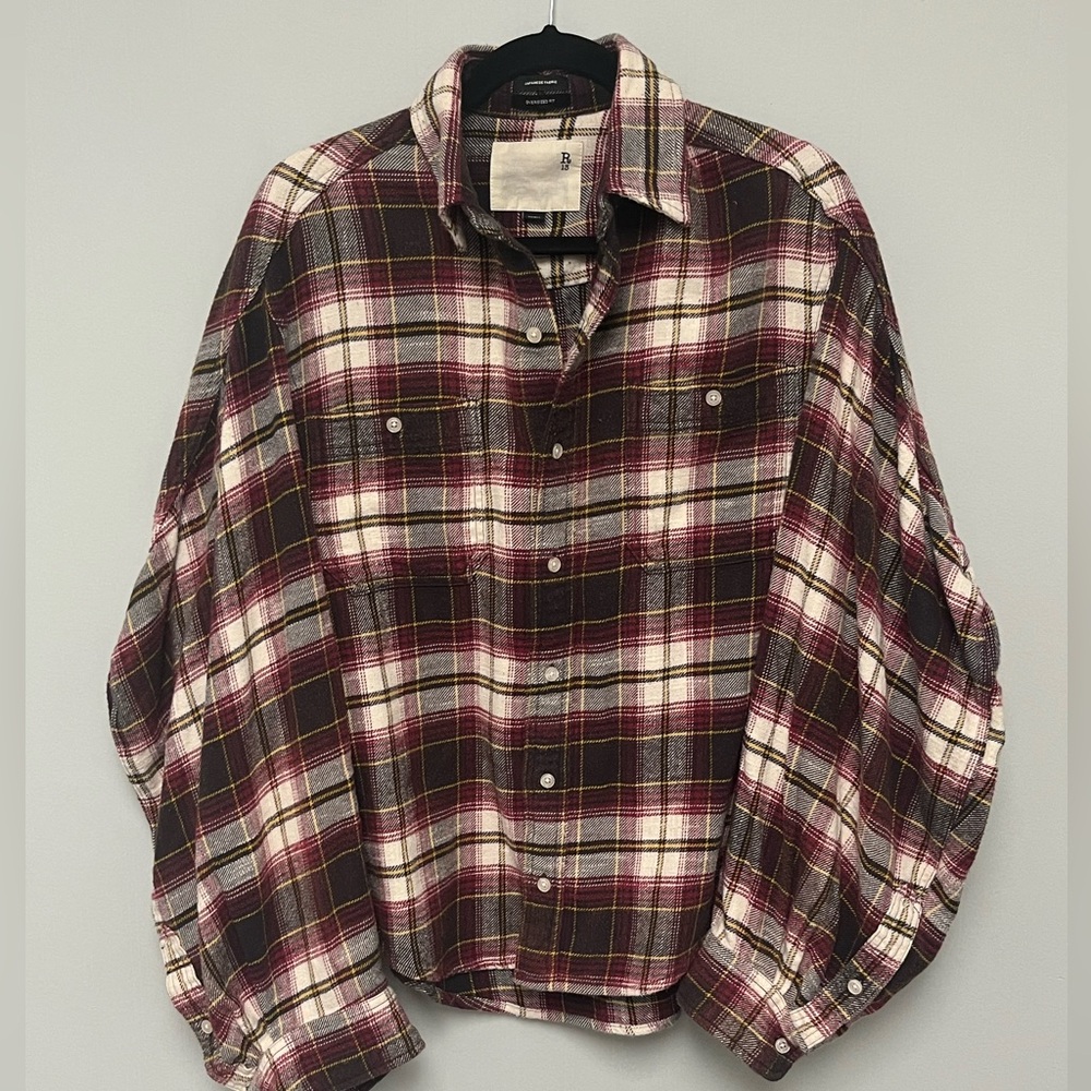 R13 Ziggy Workwear Shirt - Ecru/Maroon Plaid. Size small